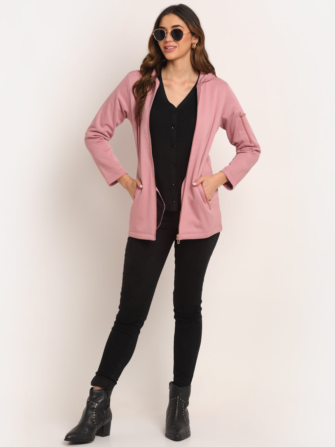 Women Pink Solid Casual Hip Length Hooded Sweatshirt