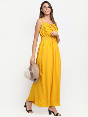 women shoulder strap maxi fit mustard colour dress