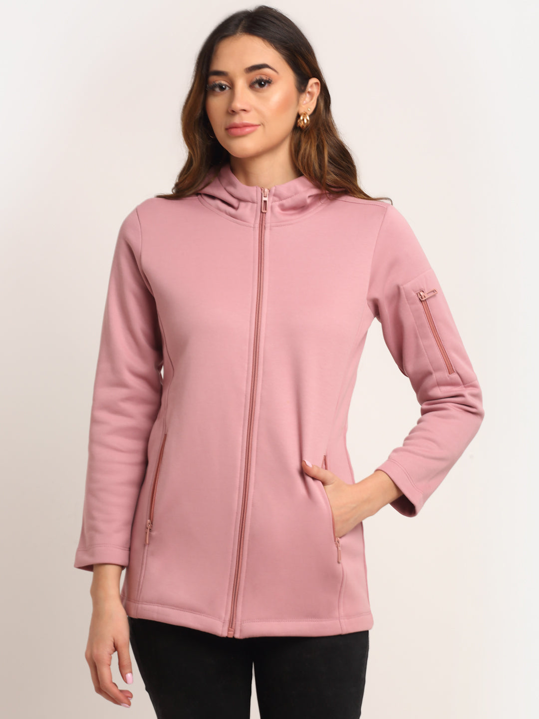 Women Pink Solid Casual Hip Length Hooded Sweatshirt