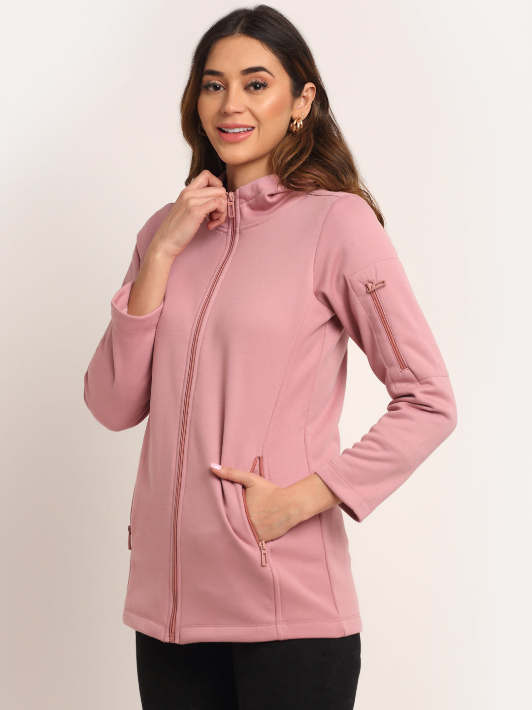 Women Pink Solid Casual Hip Length Hooded Sweatshirt