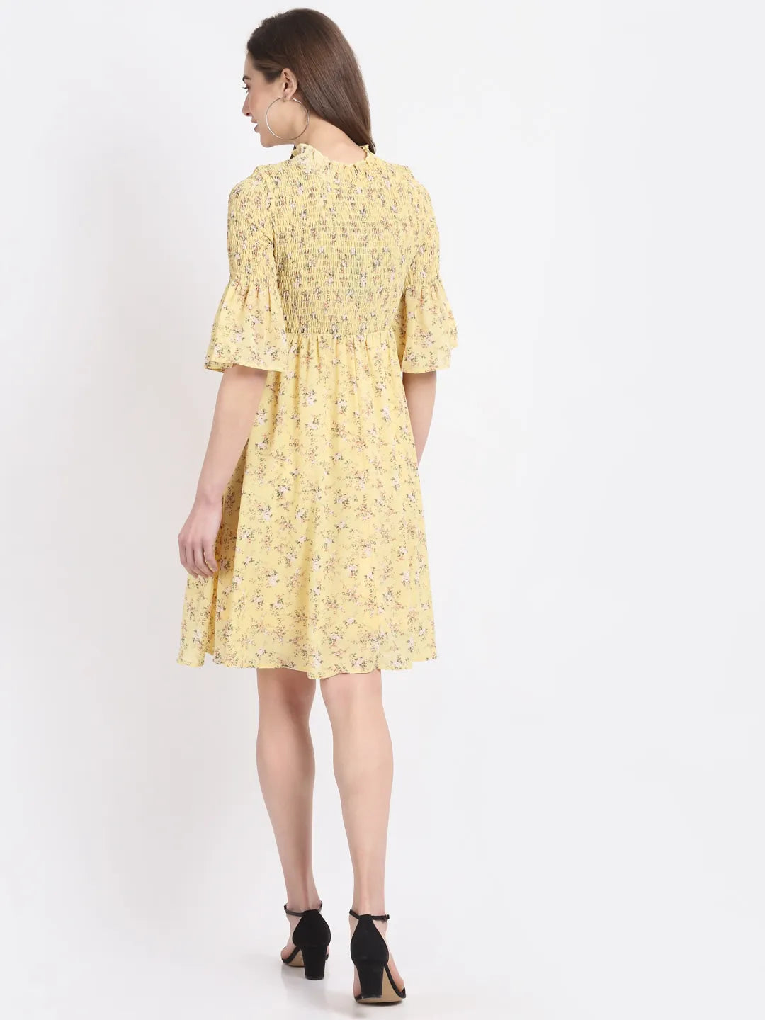 women yellow pearl embellished flared dress