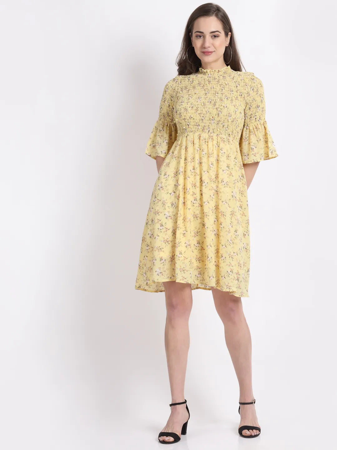women yellow pearl embellished flared dress