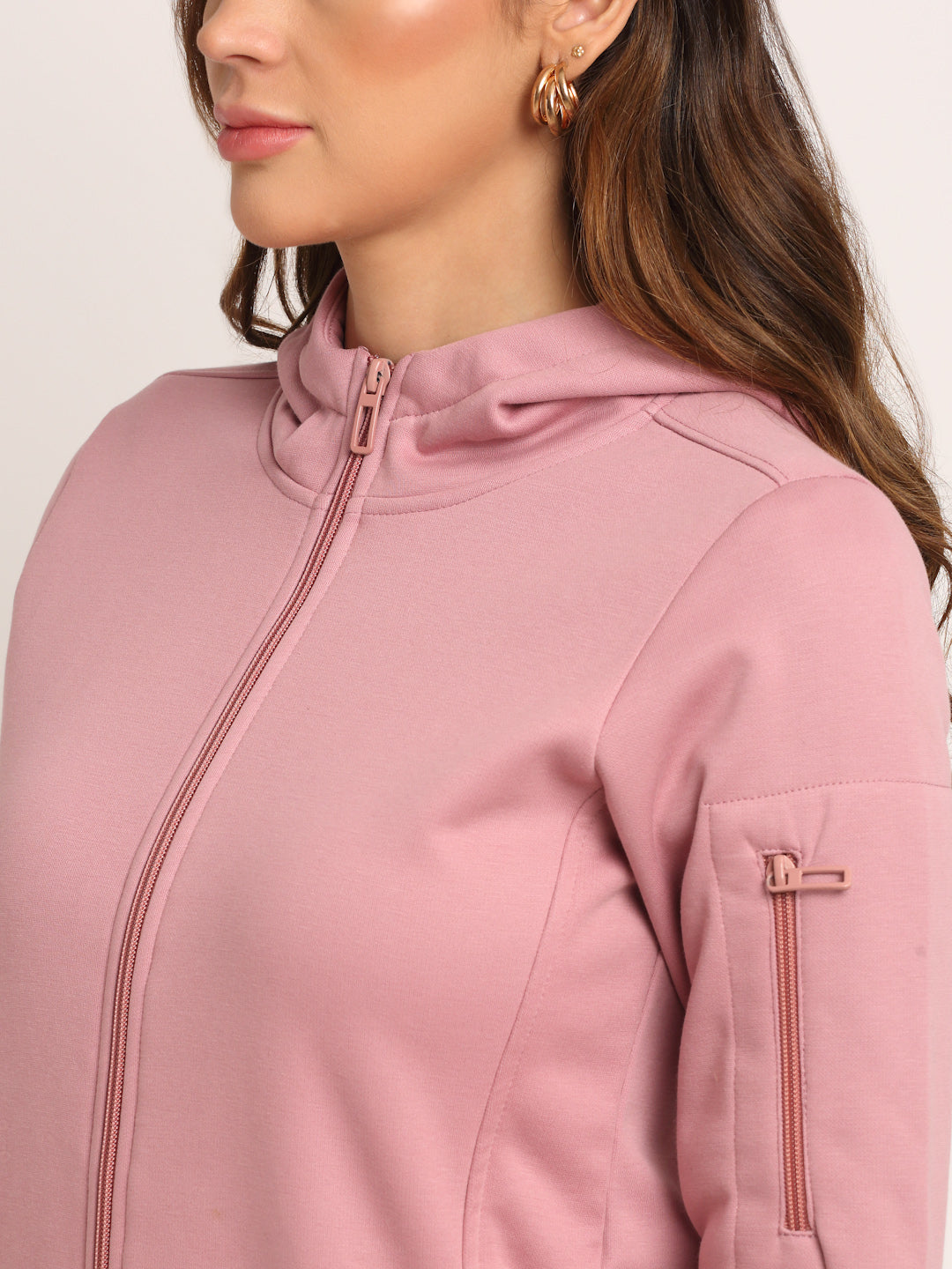 Women Pink Solid Casual Hip Length Hooded Sweatshirt