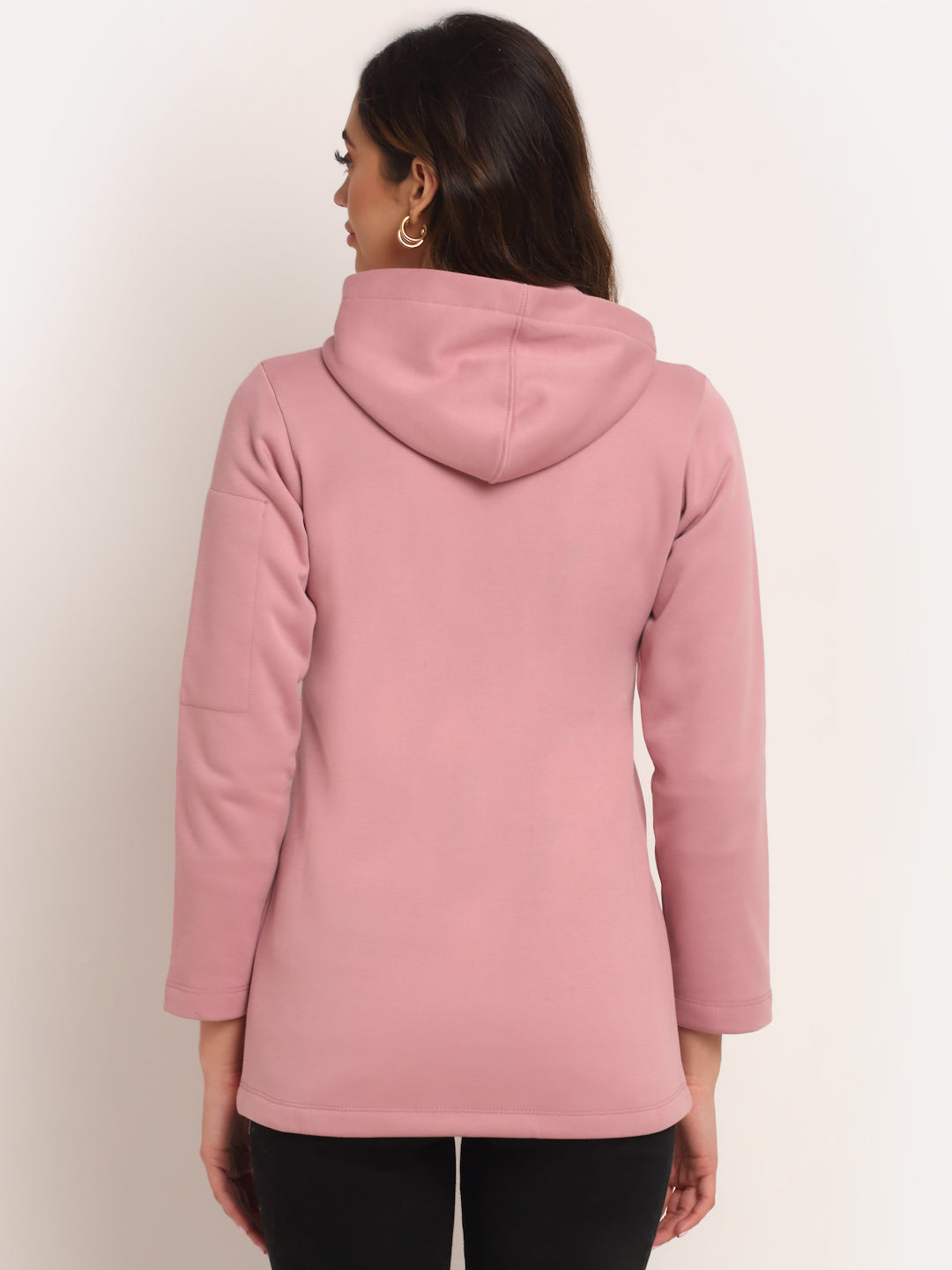 Women Pink Solid Casual Hip Length Hooded Sweatshirt