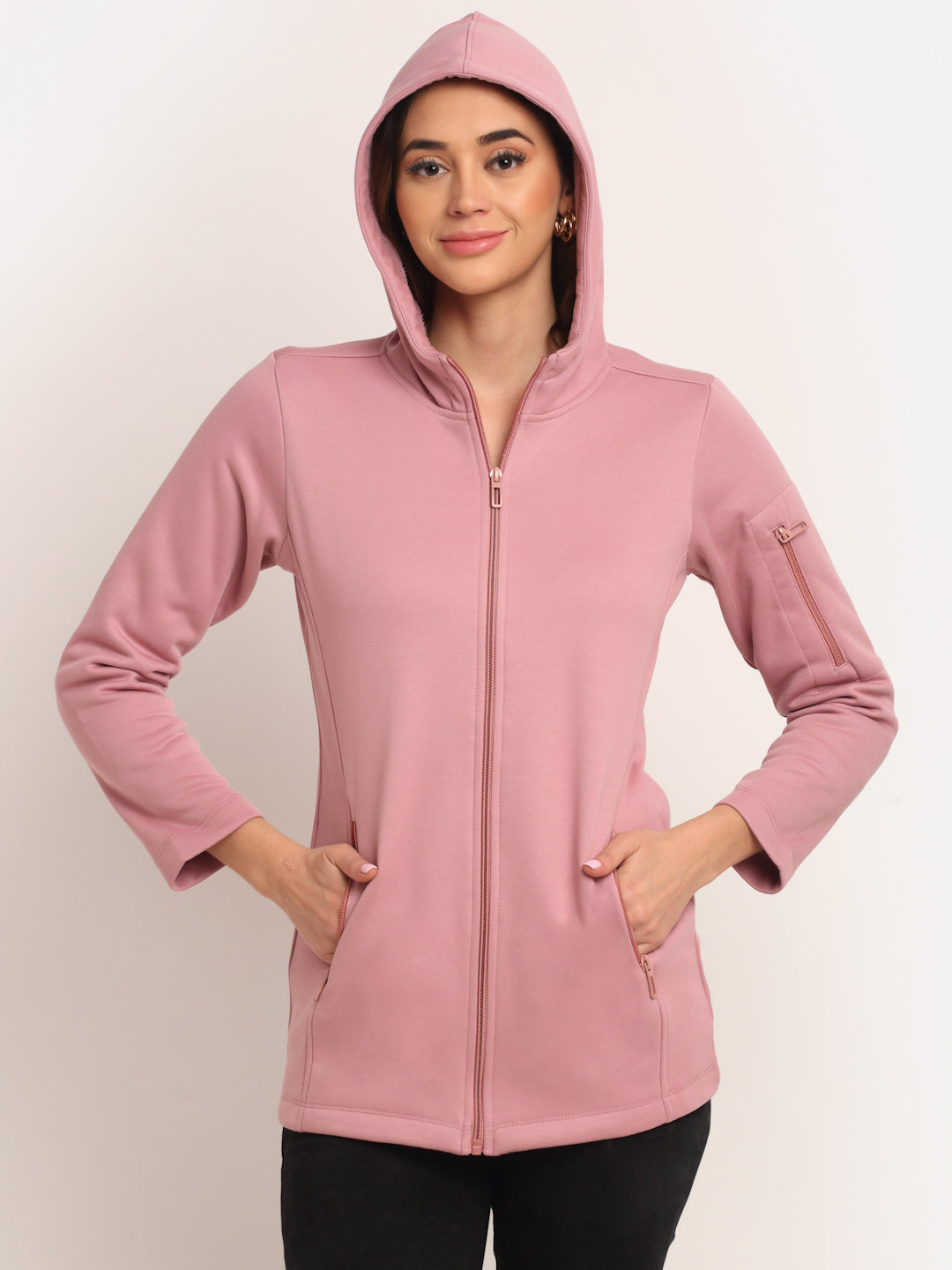 Women Pink Solid Casual Hip Length Hooded Sweatshirt