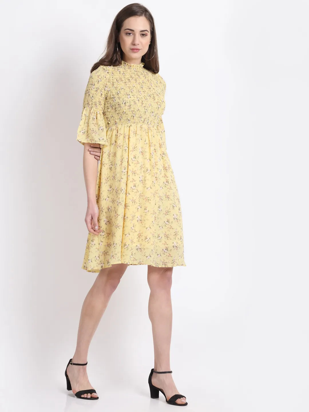 women yellow pearl embellished flared dress