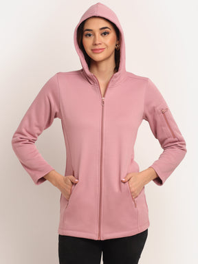 Women Pink Hooded Hosiery Solid Sweatshirt