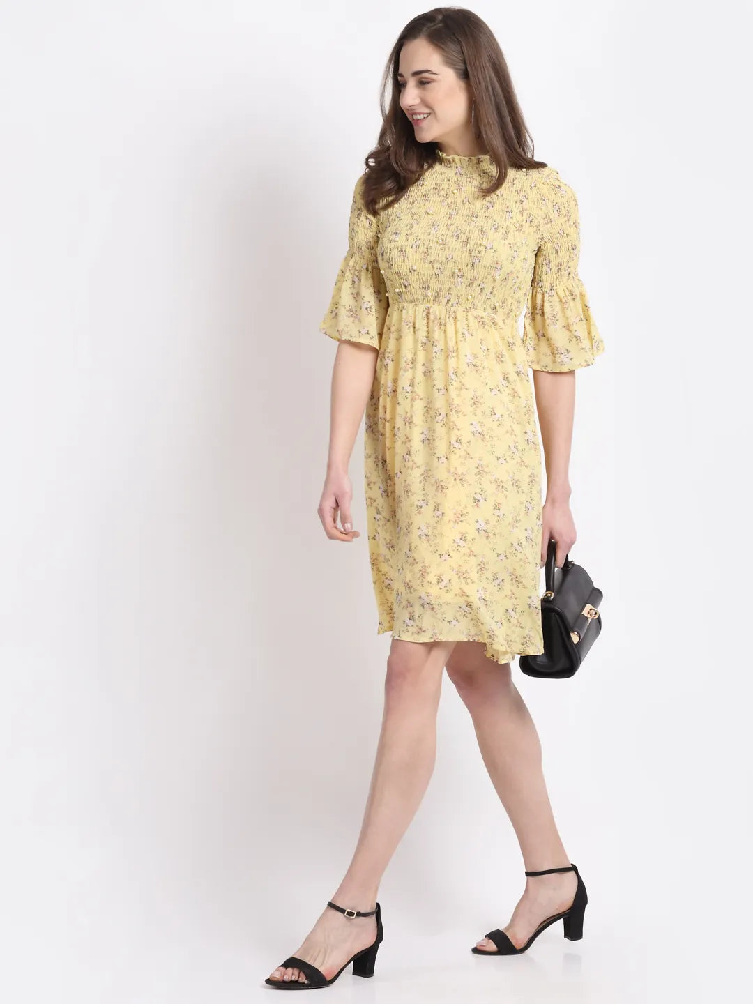women yellow pearl embellished flared dress