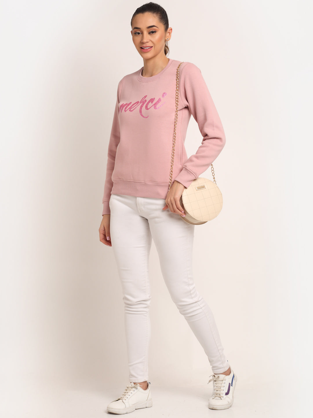 Women Pink Round Neck Hosiery Solid Sweatshirt