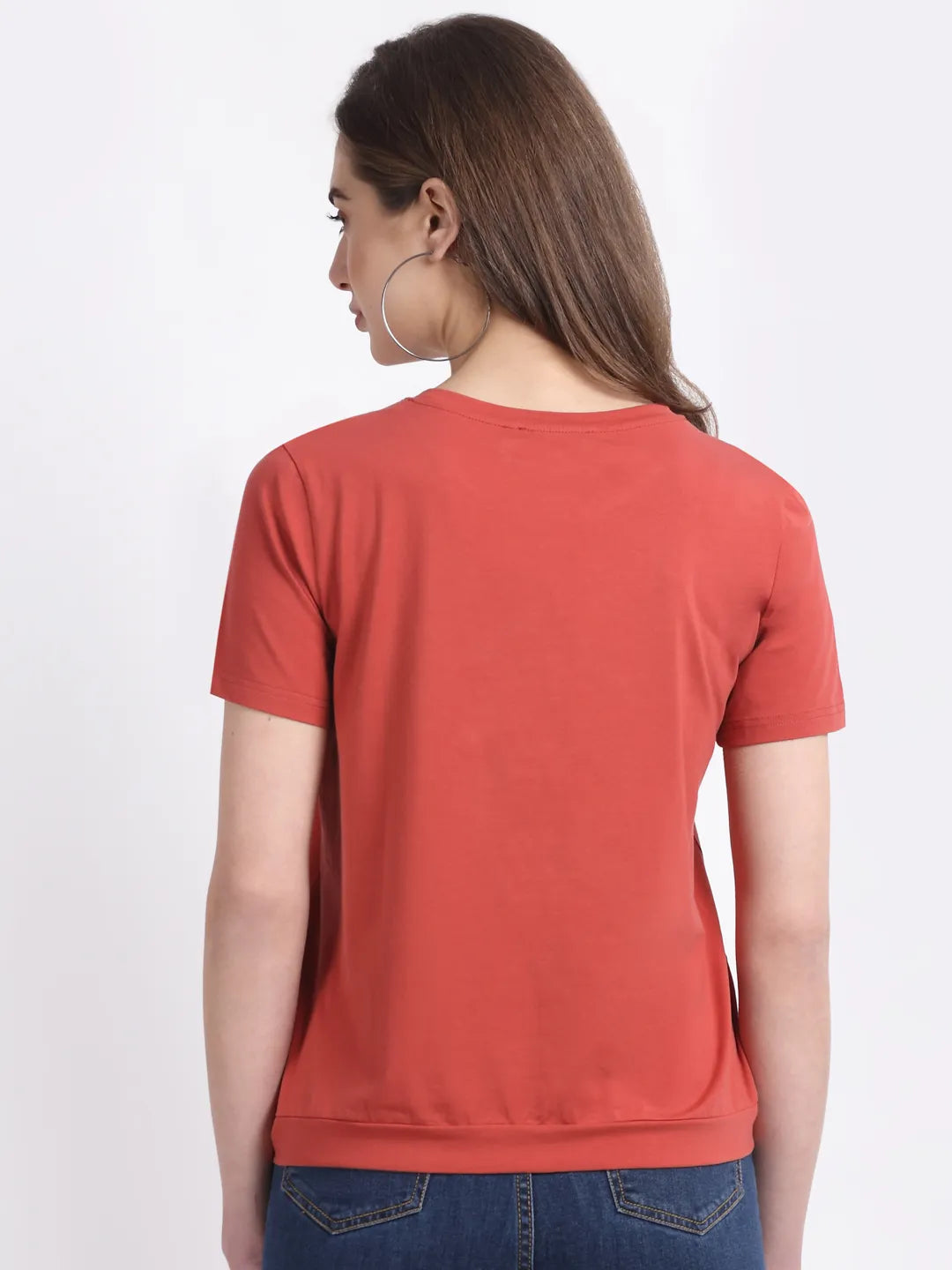 Women Rusty Red Round Neck Hosiery Solid T-Shirt