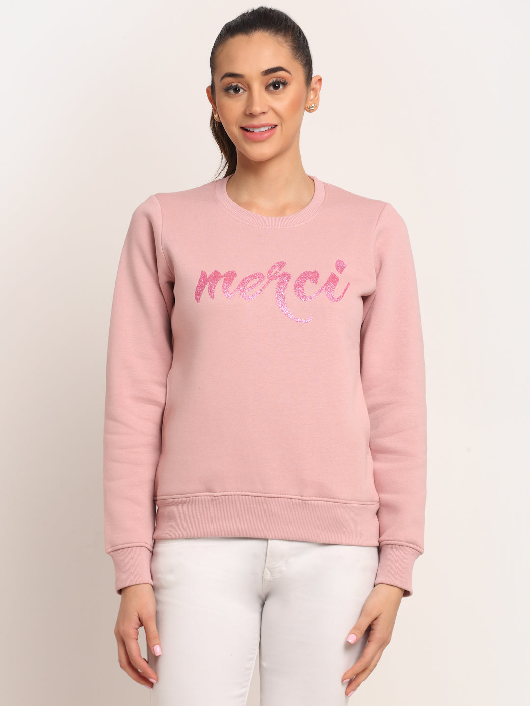 Women Pink Round Neck Hosiery Solid Sweatshirt