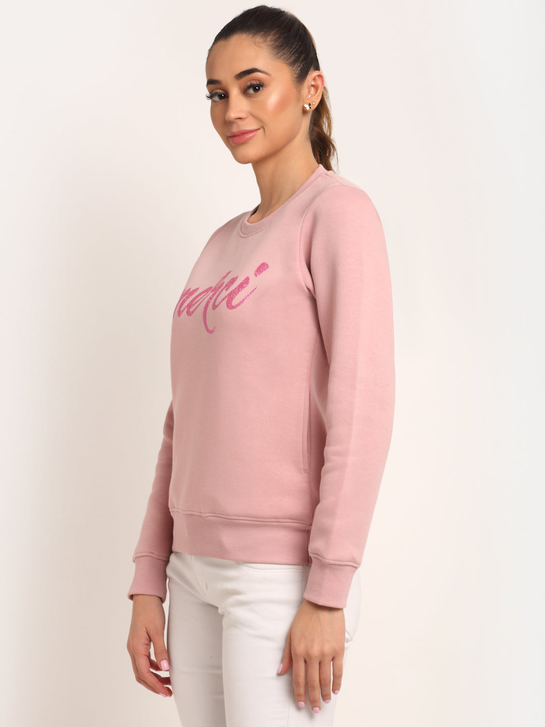 Women Pink Round Neck Hosiery Solid Sweatshirt