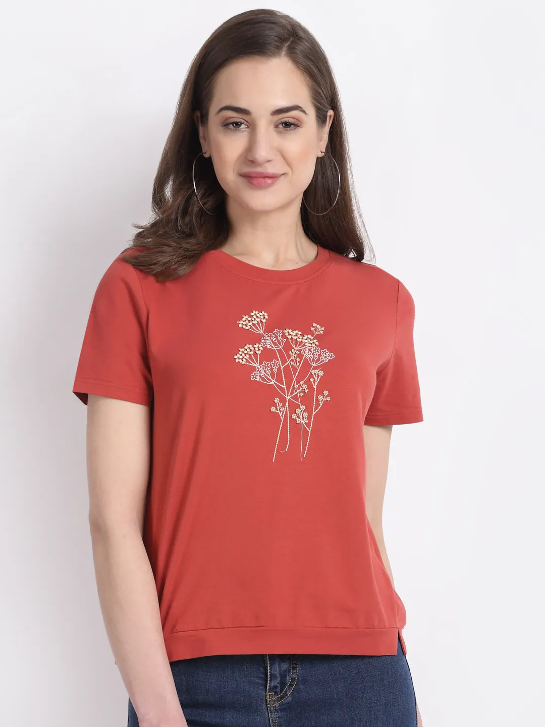 Women Rusty Red Round Neck Hosiery Solid T-Shirt