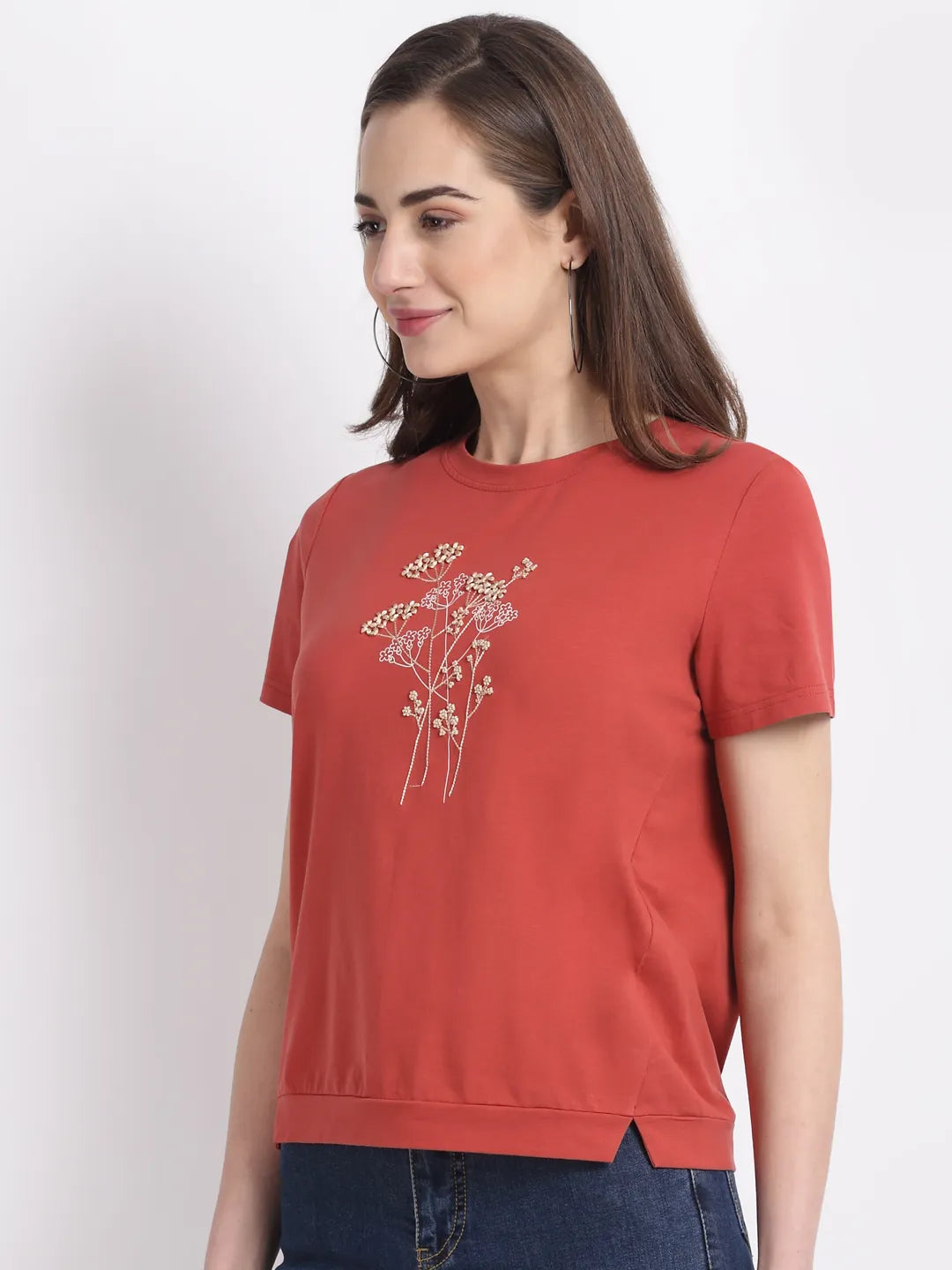 Women Rusty Red Round Neck Hosiery Solid T-Shirt