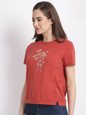 Women Rusty Red Round Neck Hosiery Solid T-Shirt