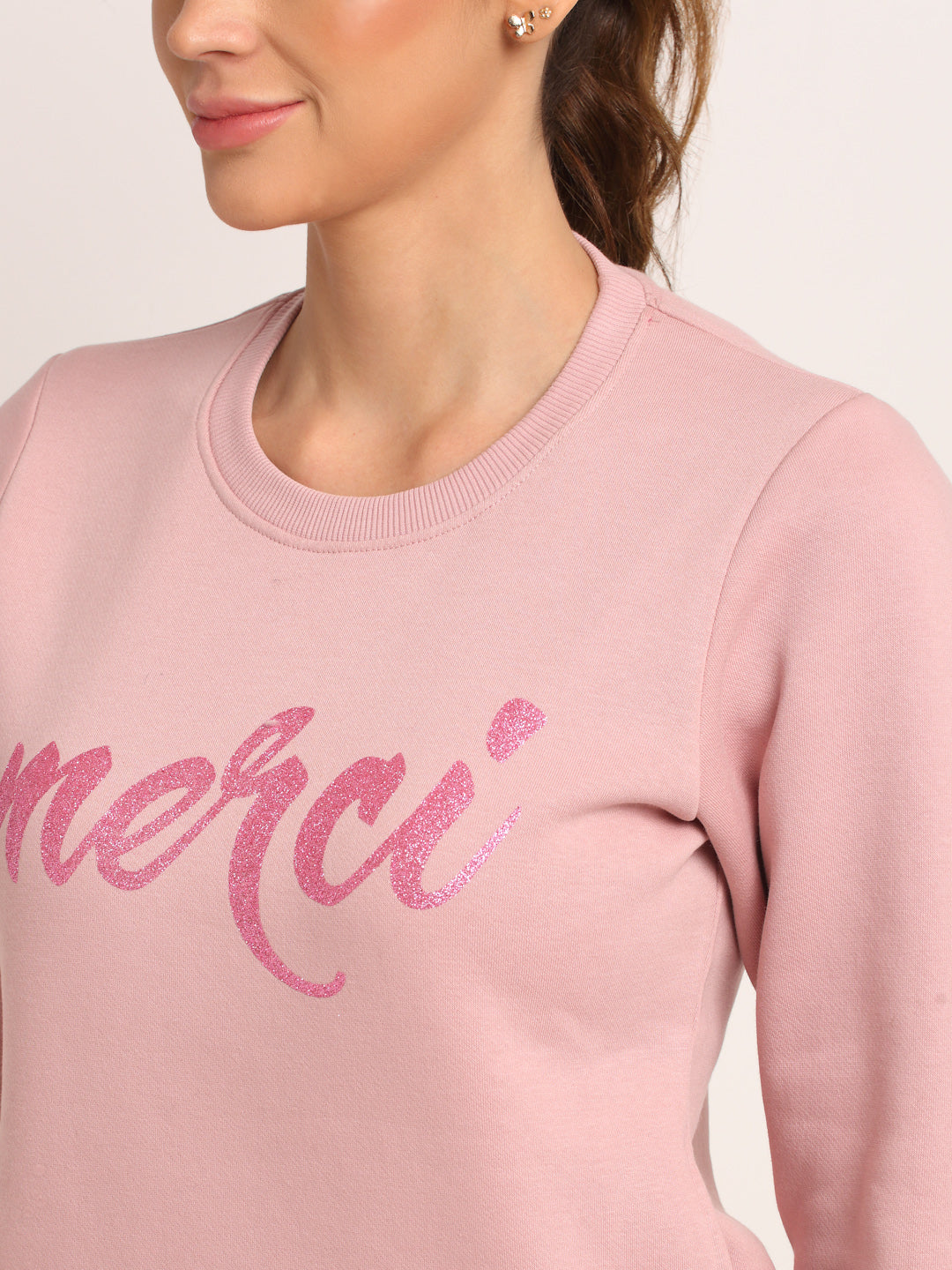 Women Pink Round Neck Hosiery Solid Sweatshirt