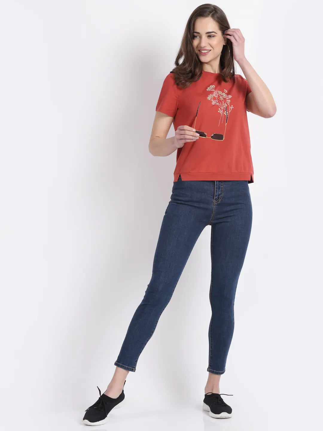 Women Rusty Red Round Neck Hosiery Solid T-Shirt