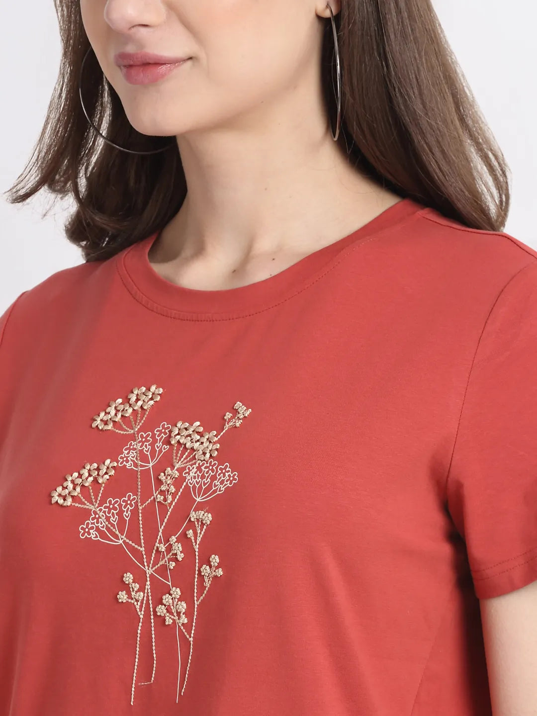 Women Rusty Red Round Neck Hosiery Solid T-Shirt