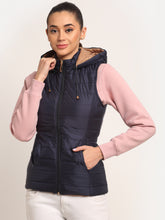 Women Navy Blue Hooded Solid Reversible Jacket