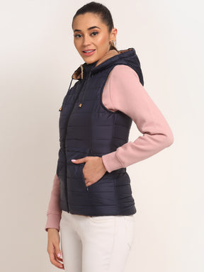 Women Navy Blue Hooded Solid Reversible Jacket
