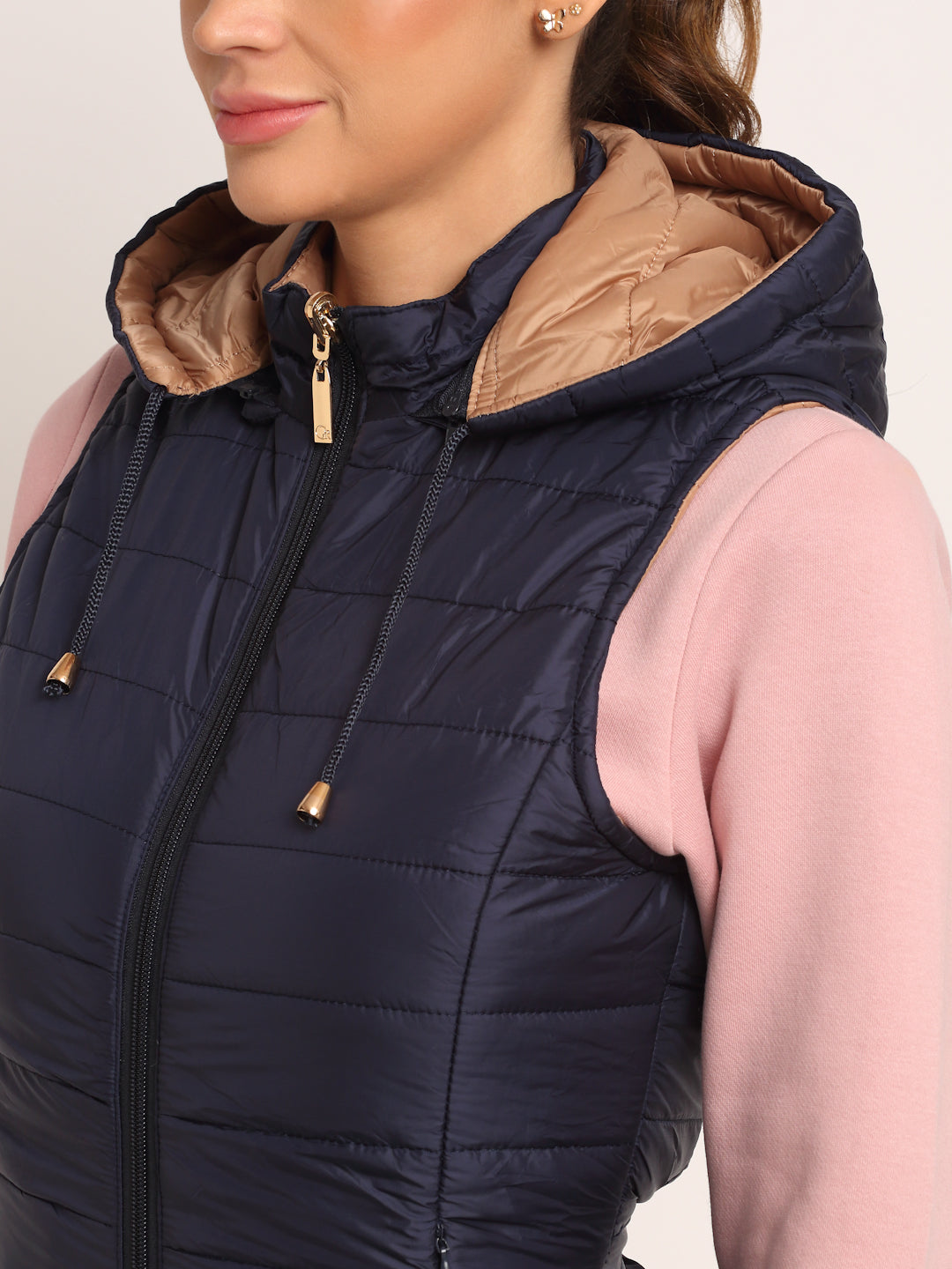 Women Navy Blue Hooded Solid Reversible Jacket