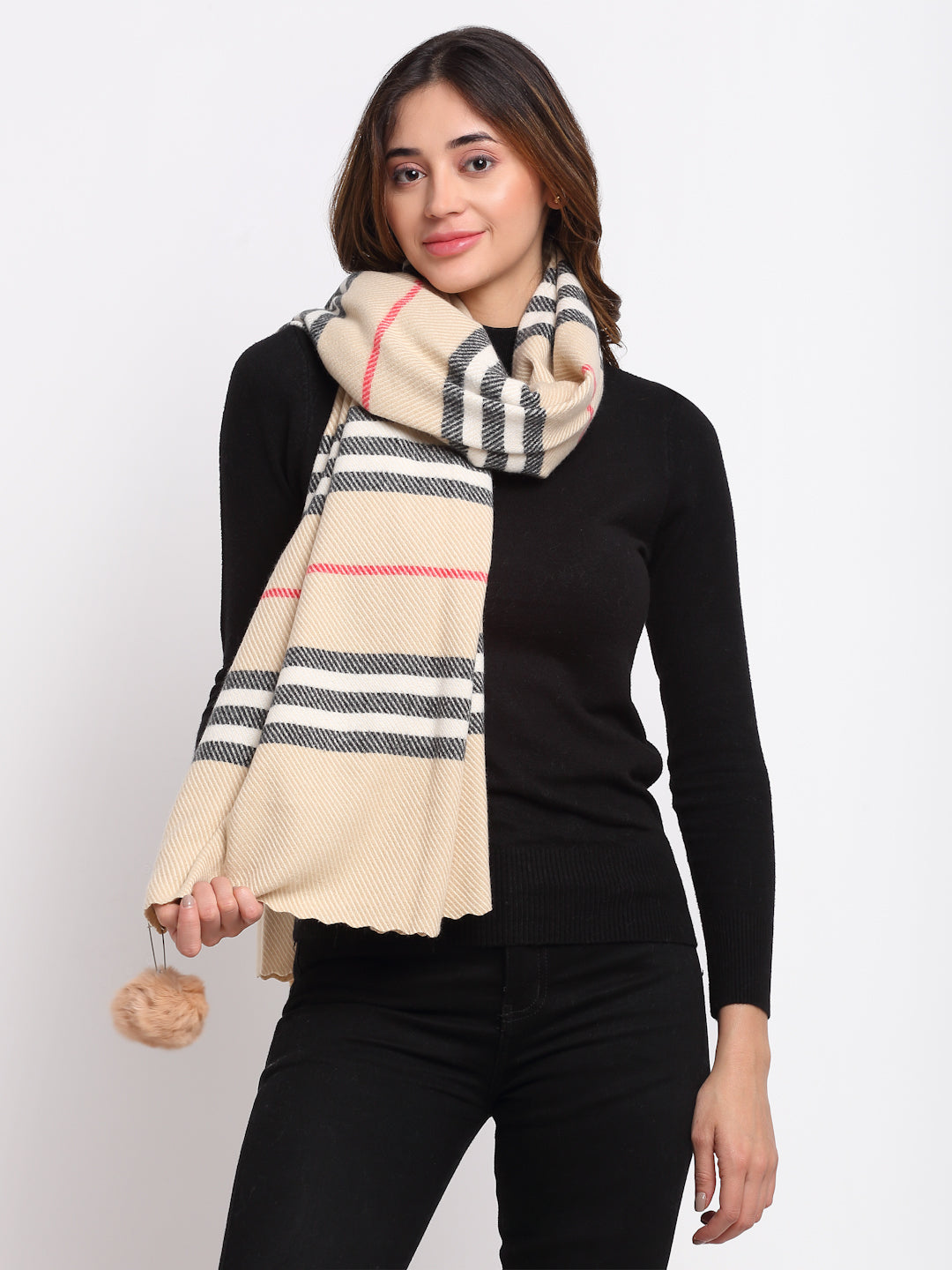 Women Beige Checked Acrylic Stole