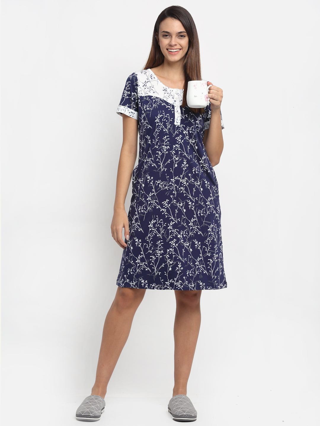 Women Navy Blue Round Neck Printed Nighty