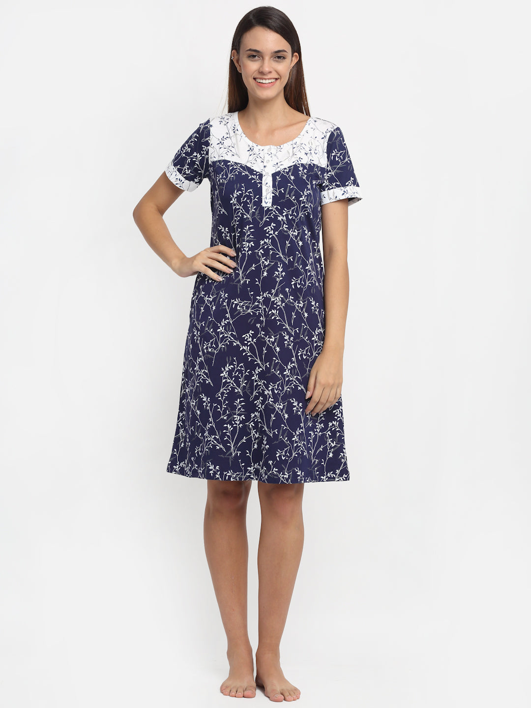 Women Navy Blue Round Neck Printed Nighty