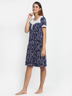 Women Navy Blue Round Neck Printed Nighty