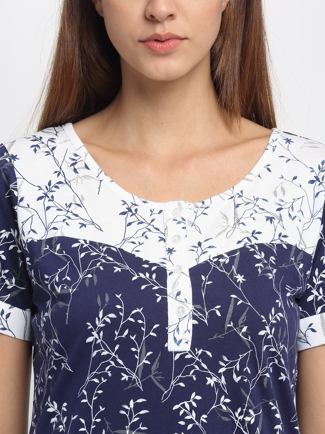 Women Navy Blue Round Neck Printed Nighty