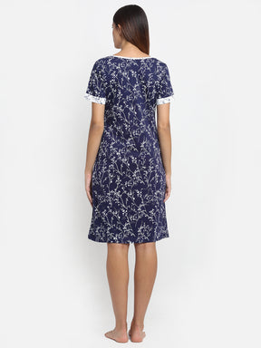 Women Navy Blue Round Neck Printed Nighty