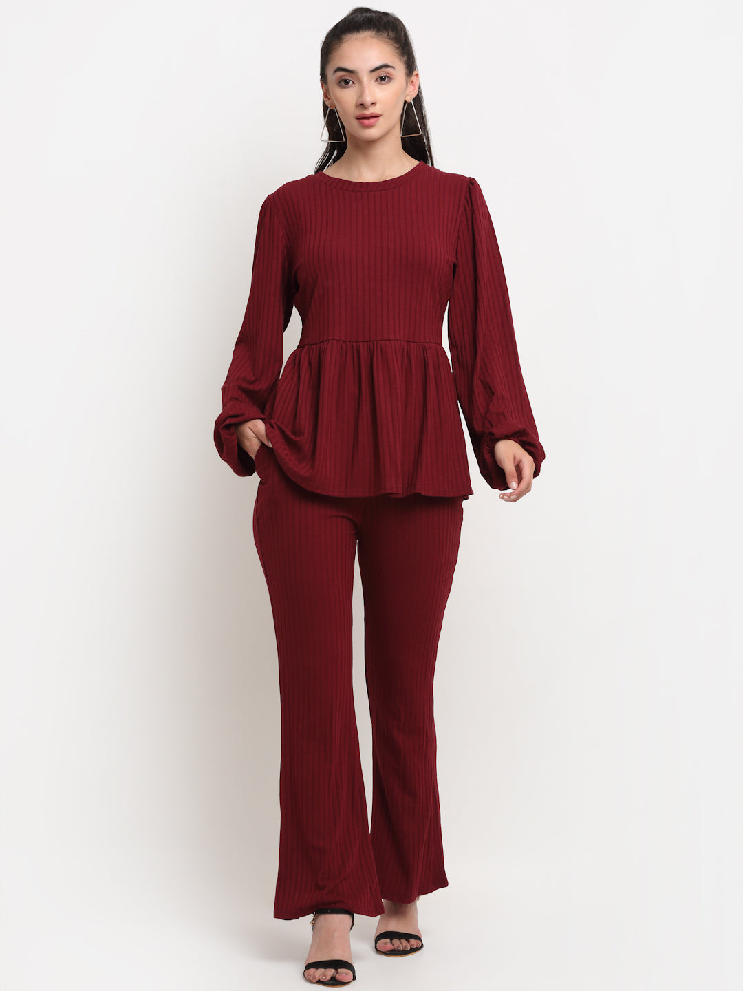Women Maroon Round Neck Solid Sets