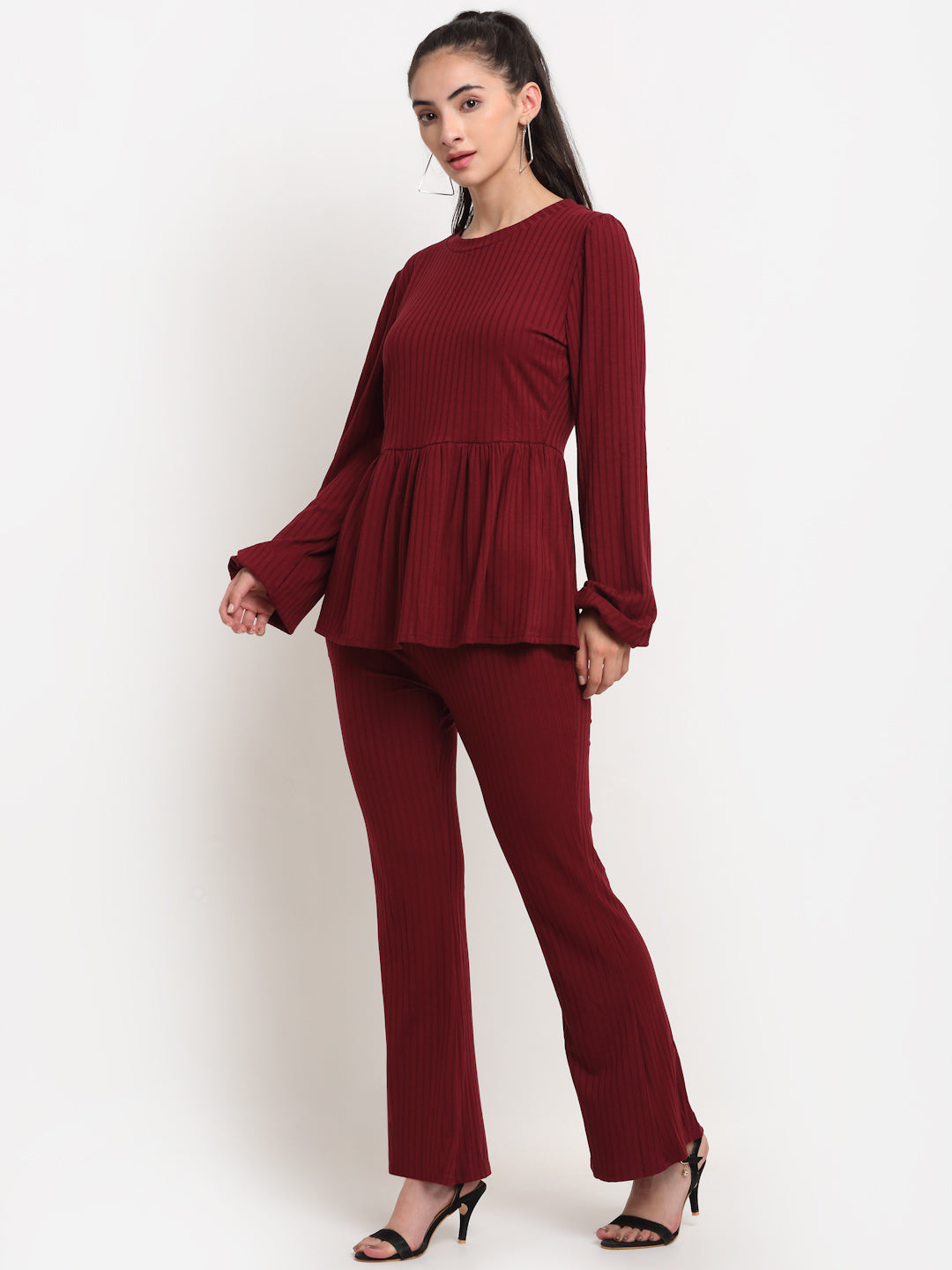 Women Maroon Round Neck Solid Sets