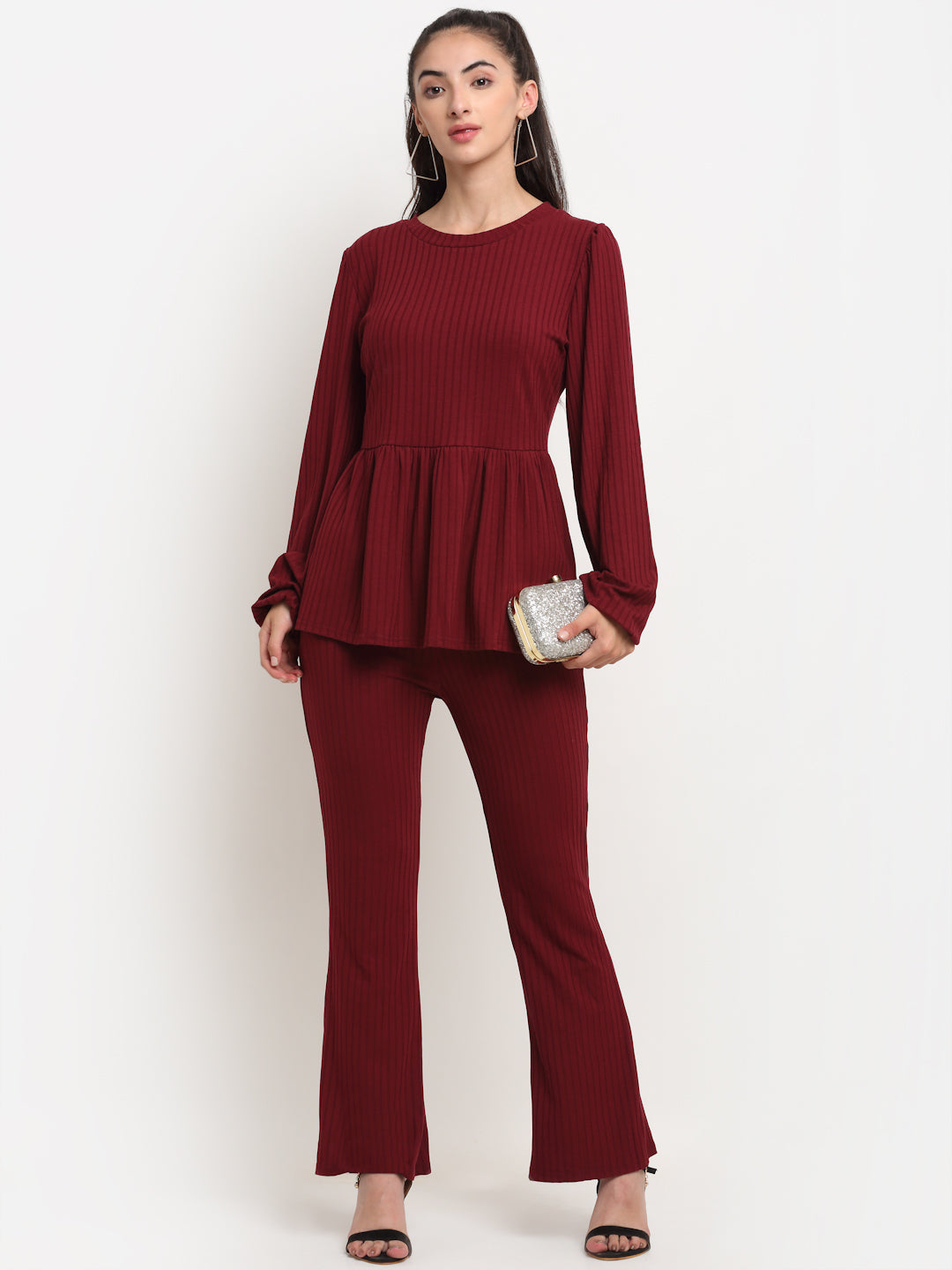 Women Maroon Round Neck Solid Sets