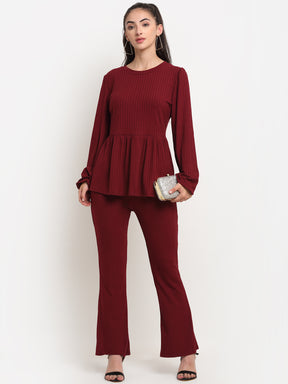Women Maroon Round Neck Solid Sets