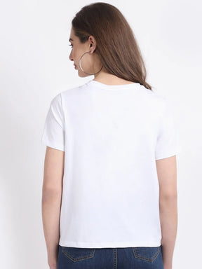 Women White Crew Neck Cotton Floral Print Top