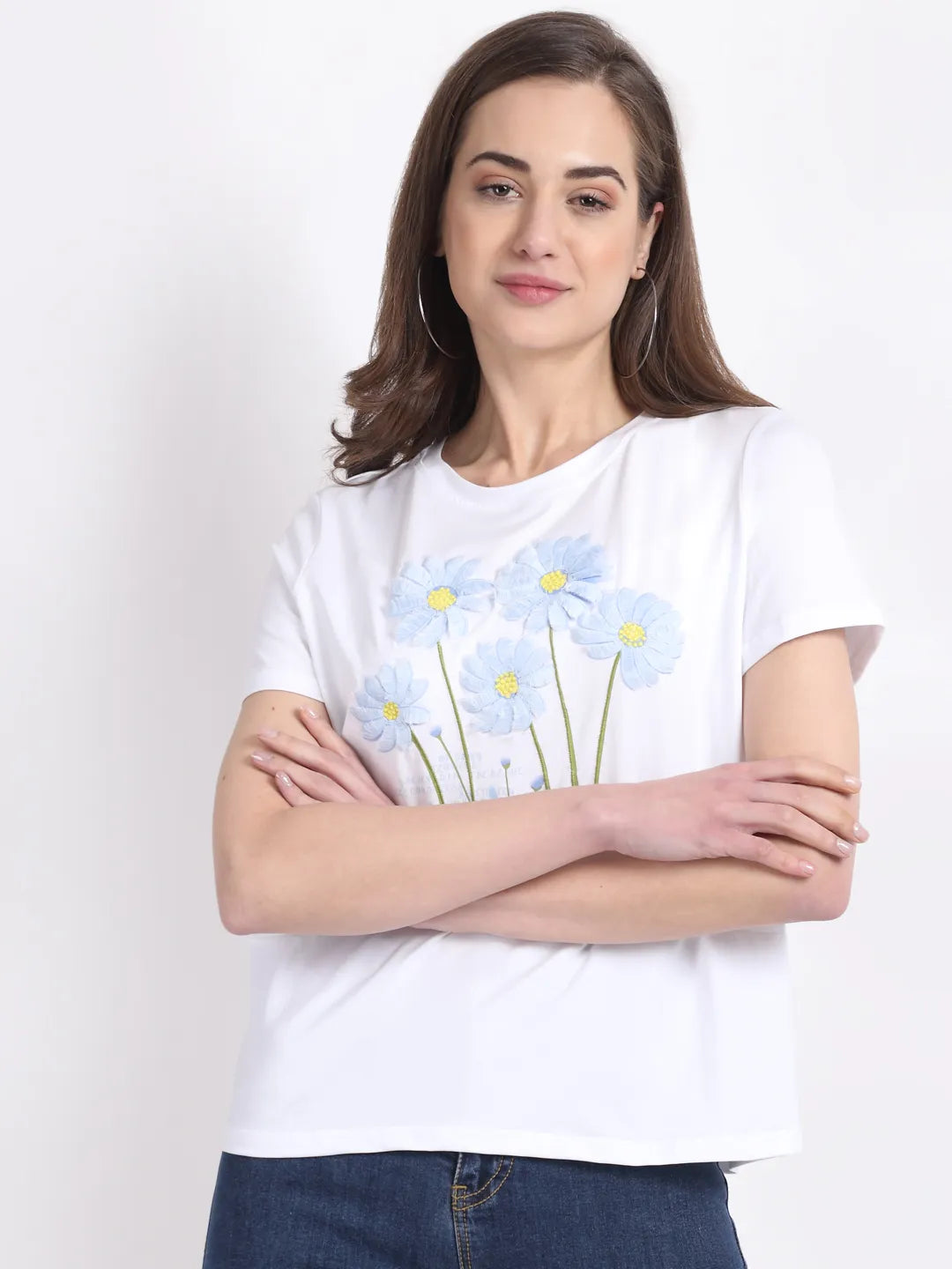 Women White Crew Neck Cotton Floral Print Top