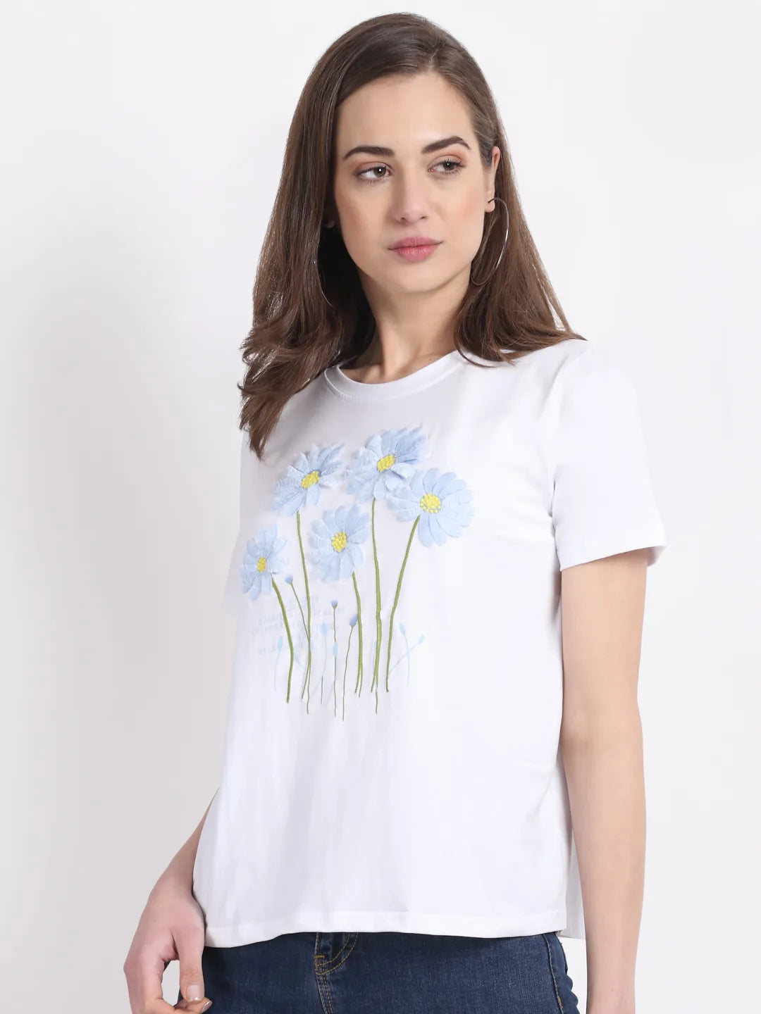Women White Crew Neck Cotton Floral Print Top