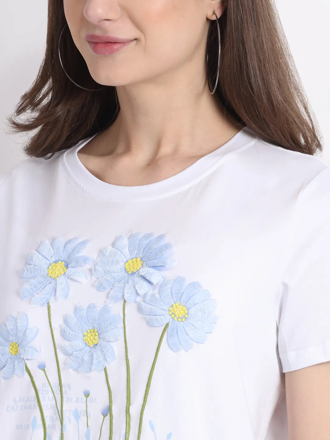 Women White Crew Neck Cotton Floral Print Top