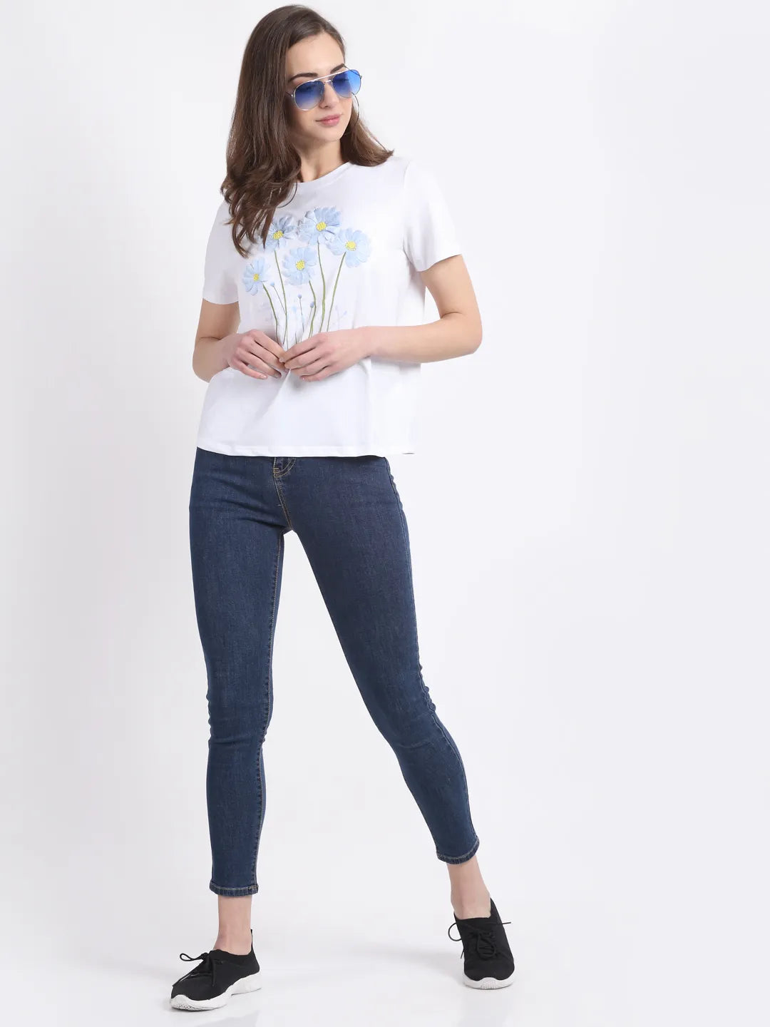 Women White Crew Neck Cotton Floral Print Top