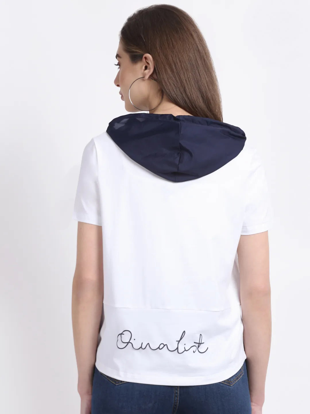 Women Regular-Fit White Cotton Hooded T-Shirt - Global Republic
