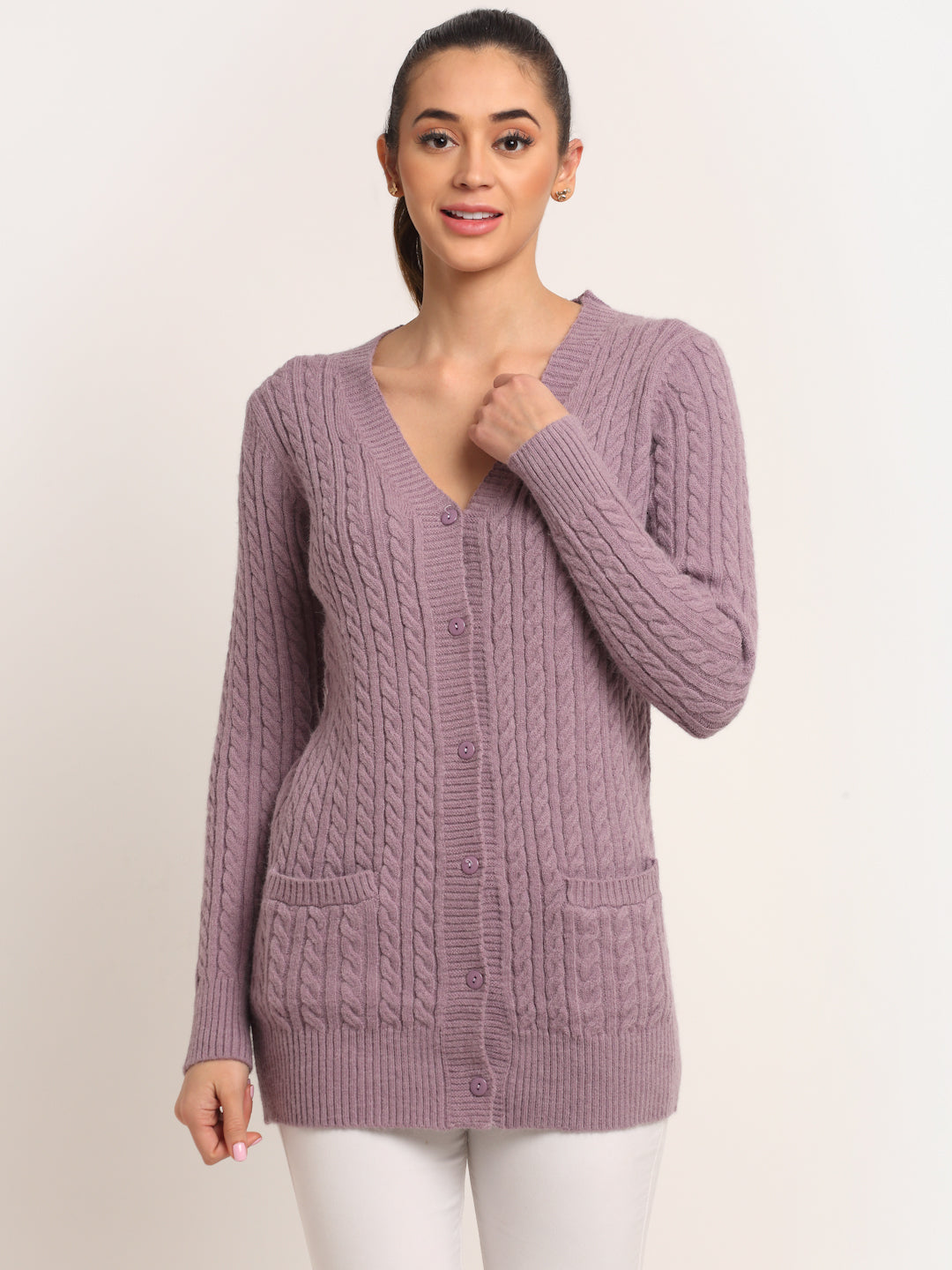 Women Purple V-Neck KNIT Cardigan