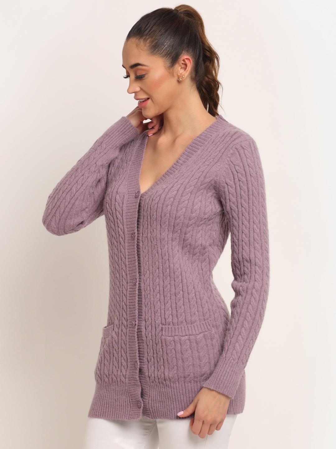 Women KNIT Solid Cardigan With Purple Colour