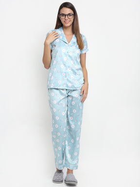 Women Blue Shirt Collar Printed Night Suit