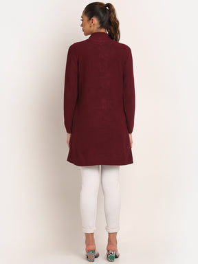 Women Red High Neck Solid Coat
