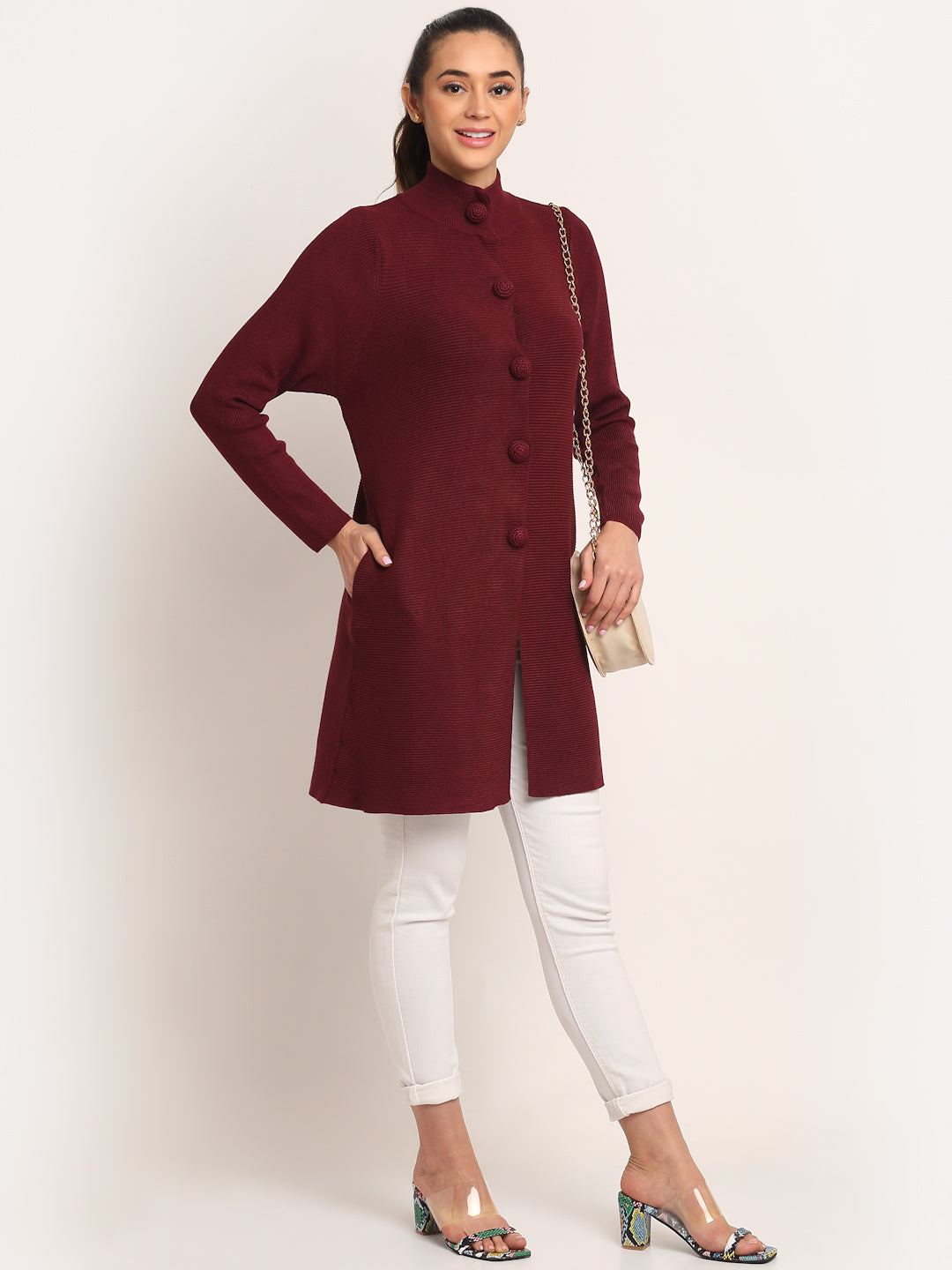 Red High Neck KNIT Solid Coat