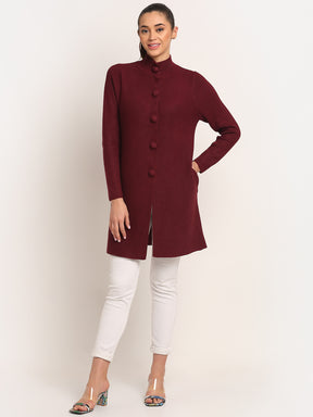 Women Red High Neck KNIT Solid Coat