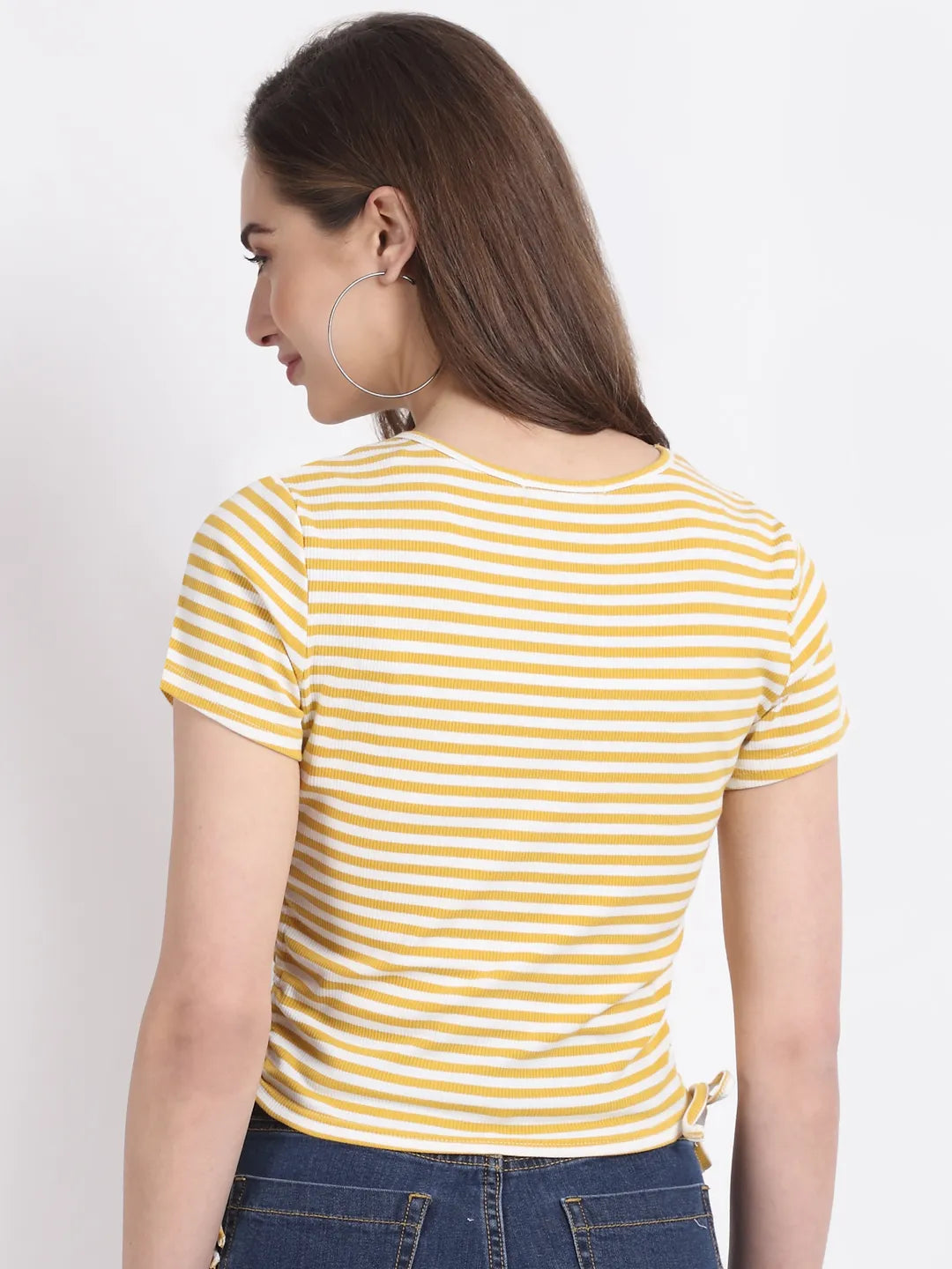 Women Slim-Fit Mustard Striped Cotton Top