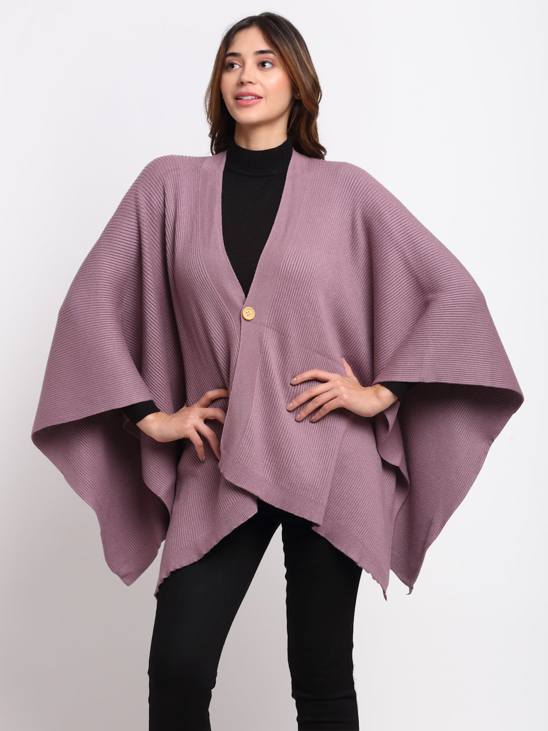 Women Purple Solid Knitted Loose Fit Cape