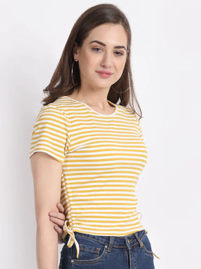 Women Slim-Fit Mustard Striped Cotton Top